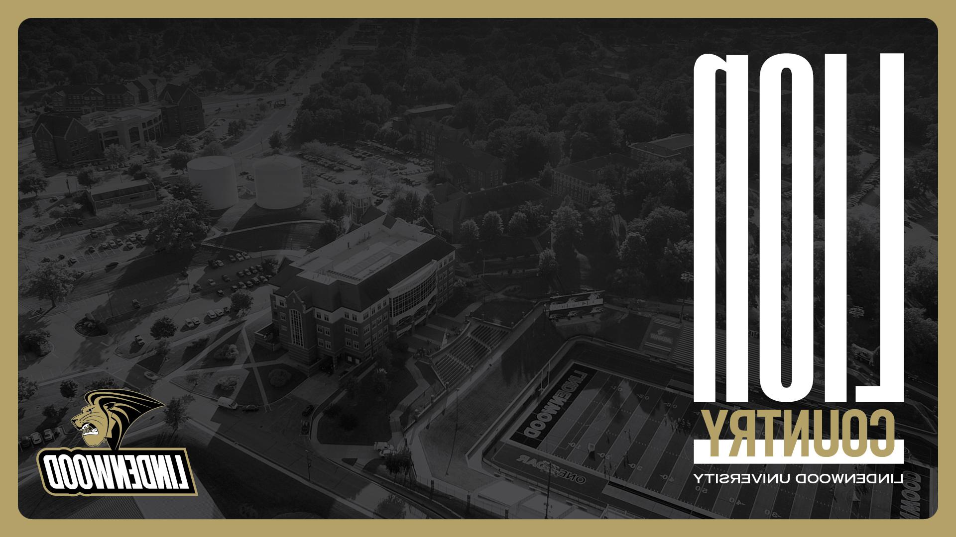 black and white drone shot of the entire campus. Stylized text saying lion country on the left side of the image