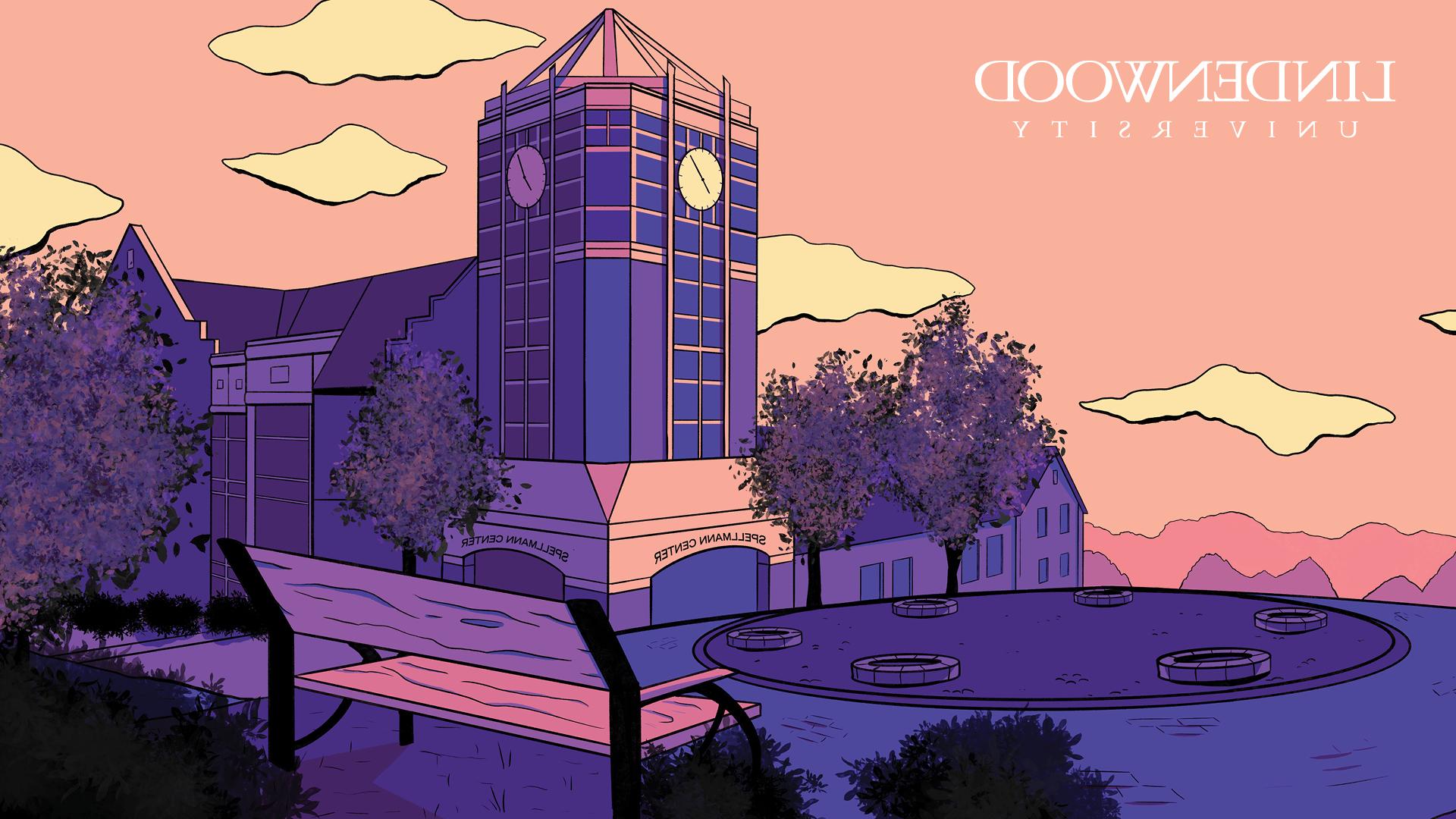 digital illustration of the spellmann clock tower at sunset